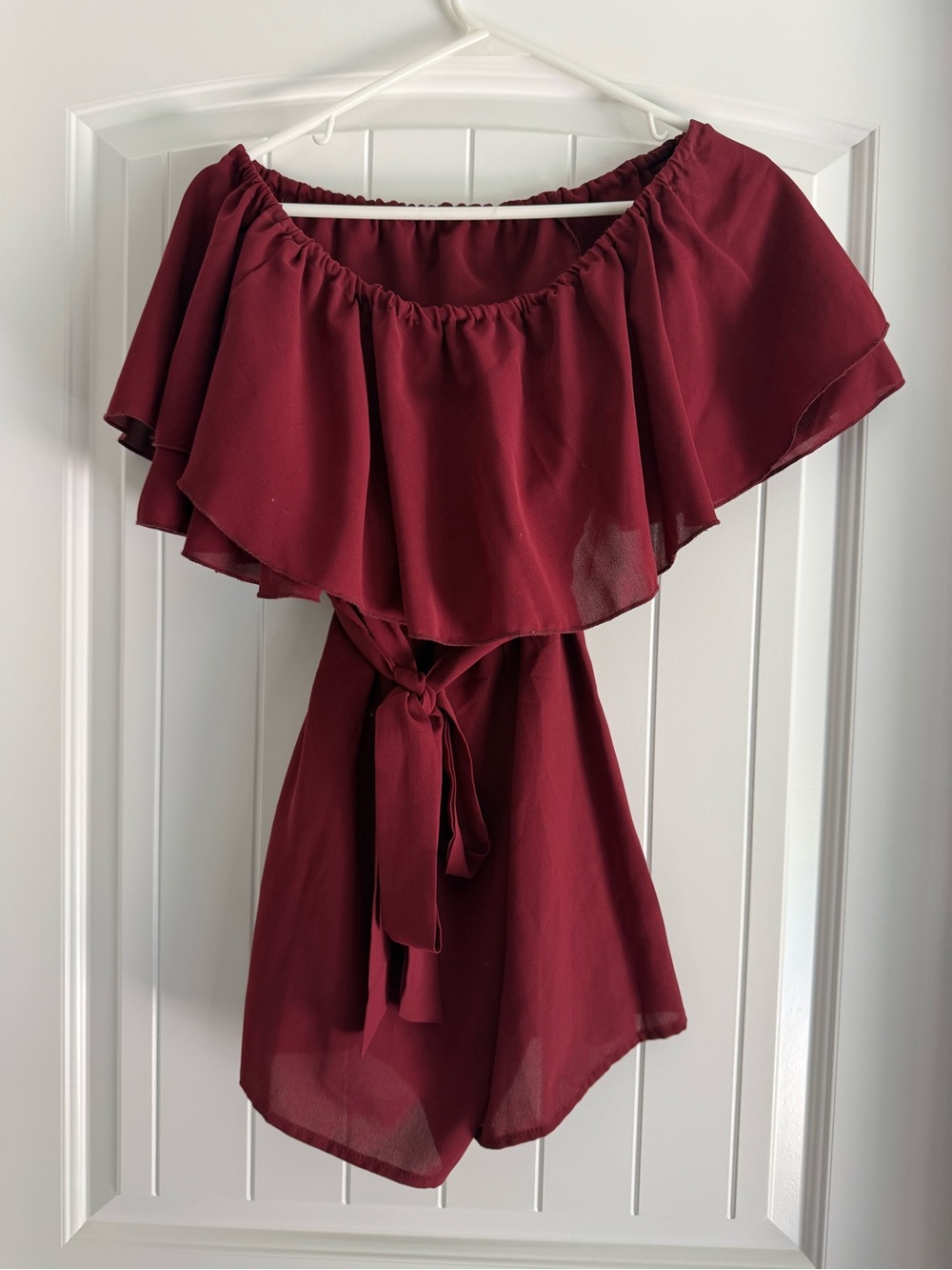 Women's Off-Shoulder Ruffle Romper - Burgundy